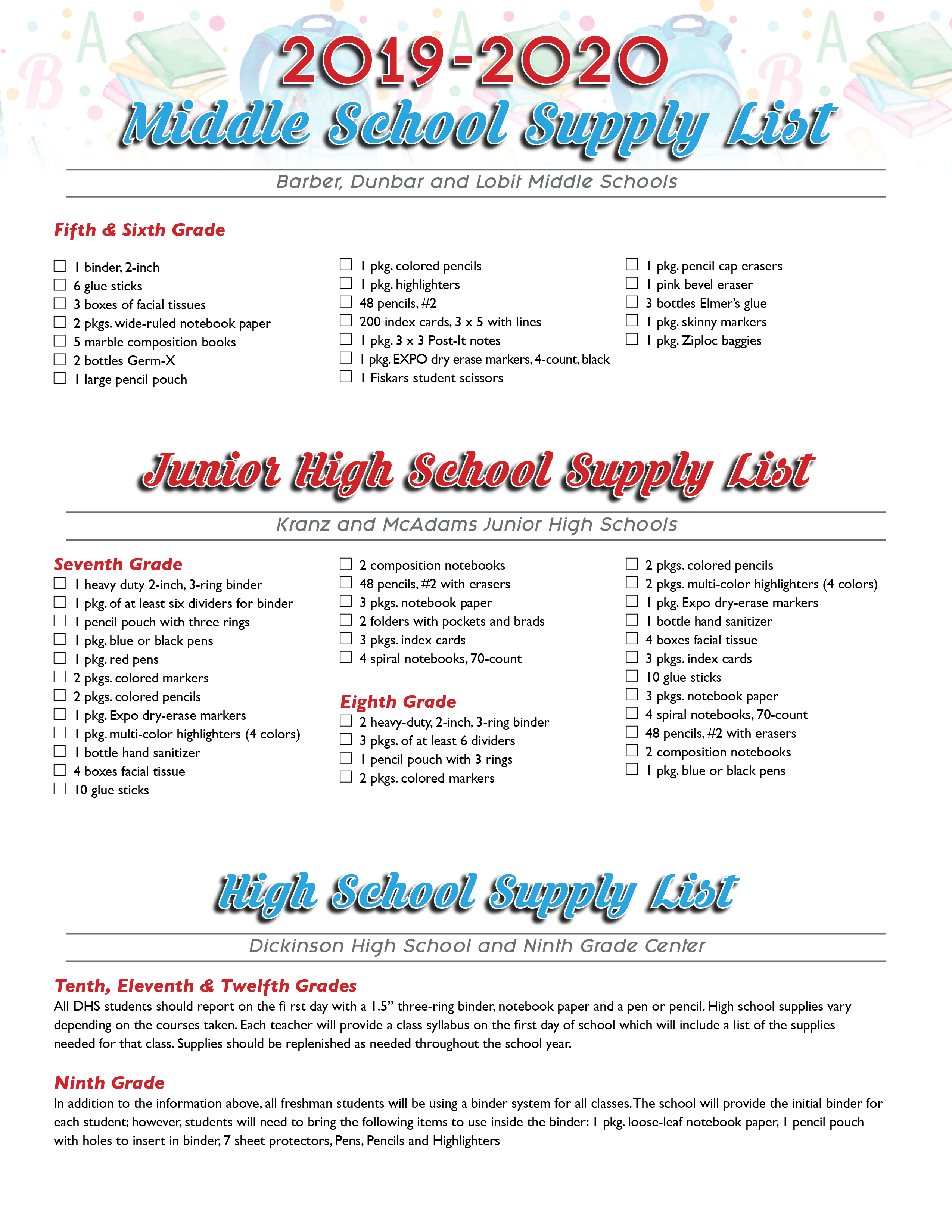 what is the school supply list for 9th grade